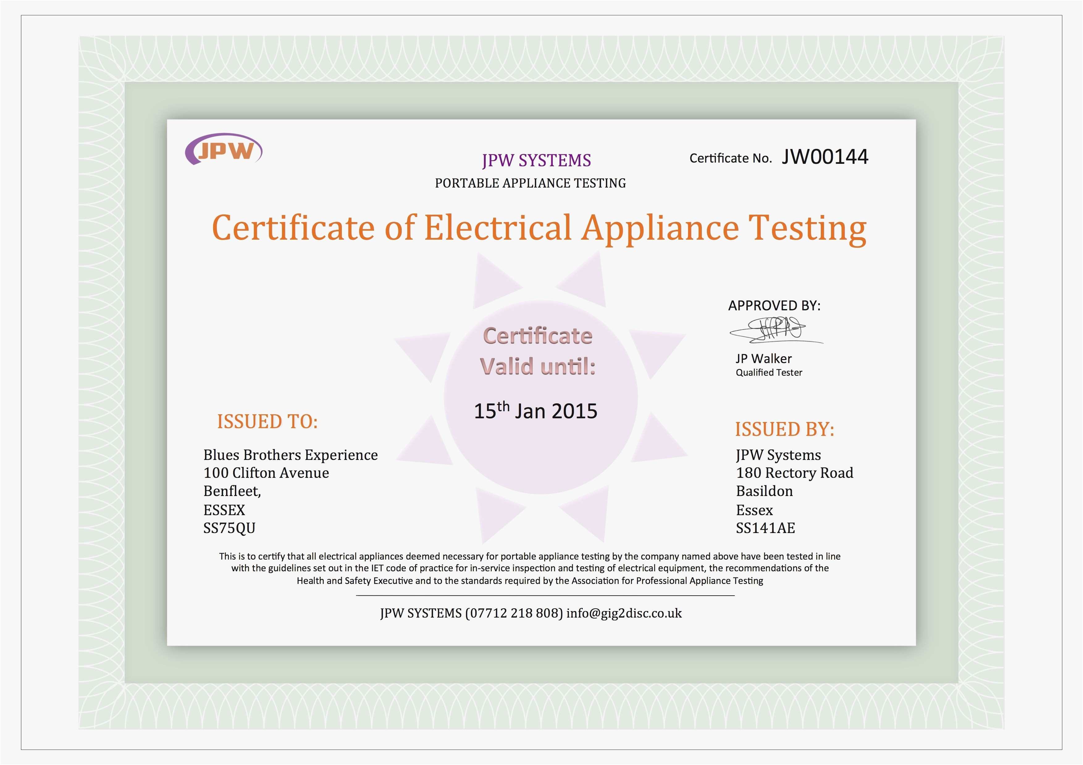 New Pat Testing Certificate And The Del Sharrons Test Portable Appliance