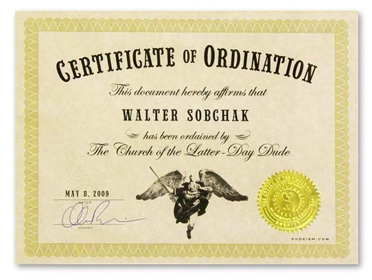 Ordination Form Dudeism Free Ordained Certificate