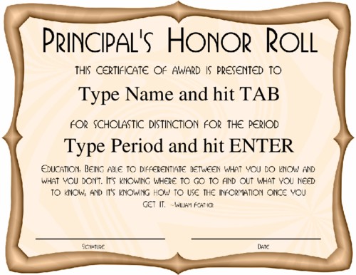 Principal S Honor Roll Certificate Template Award