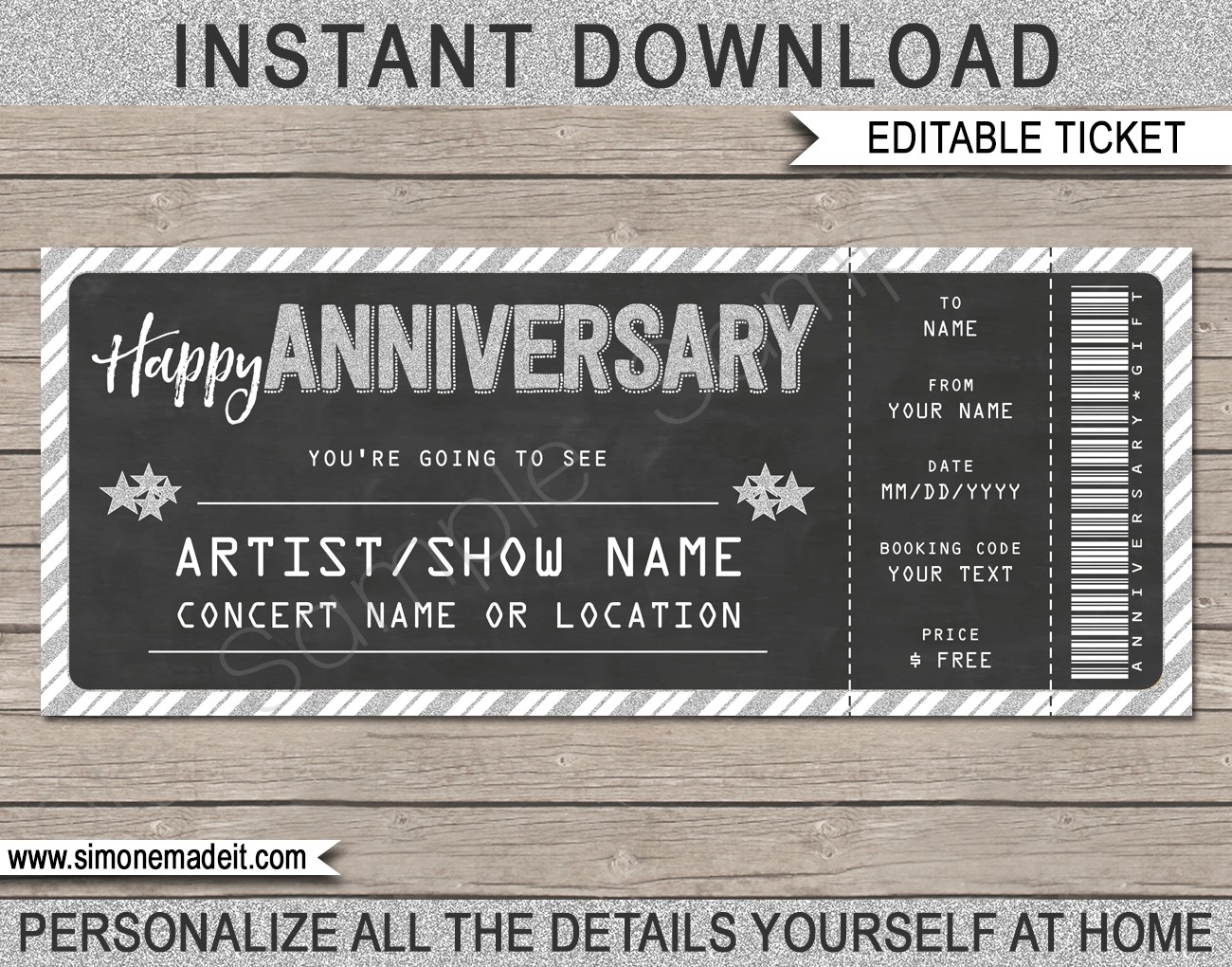 Printable Concert Ticket Anniversary Gift Template