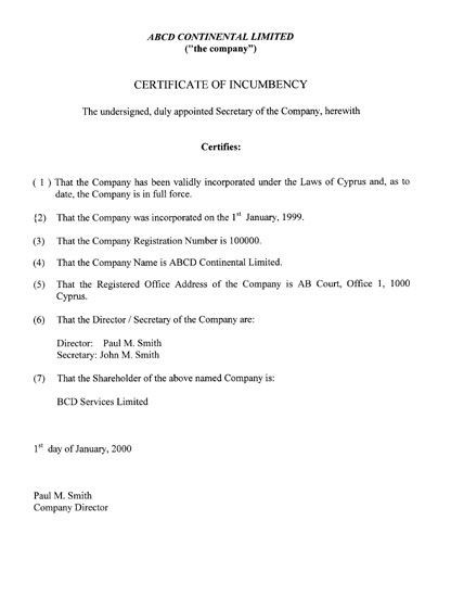 Printable Sample Certificate Of Incumbency Form Laywers Template
