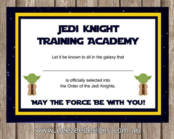 Printable Star Wars Jedi Certificate INSTANT DOWNLOAD By Deezee Training Academy