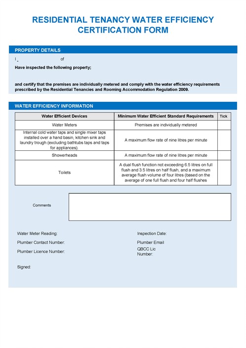 Residential Tenancy Water Efficiency Certification Form