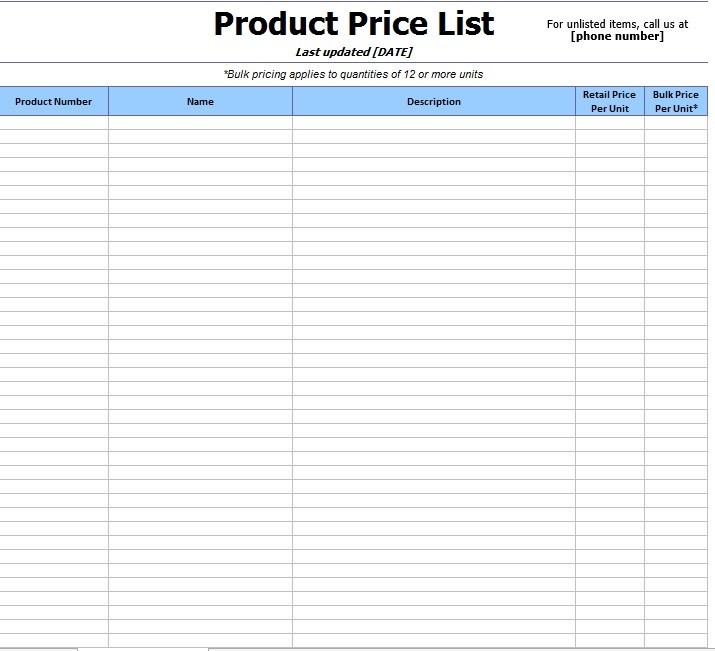 Retail Price List Template Ukran Agdiffusion Com Free Printable
