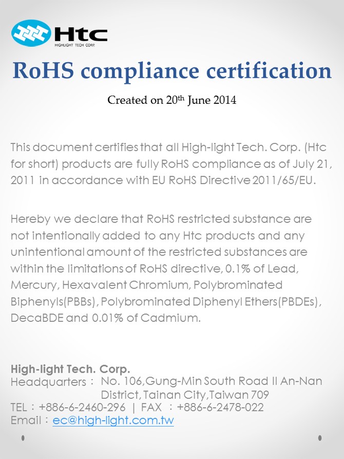 RoHS Statement Of Compliance Sample Rohs Certificate