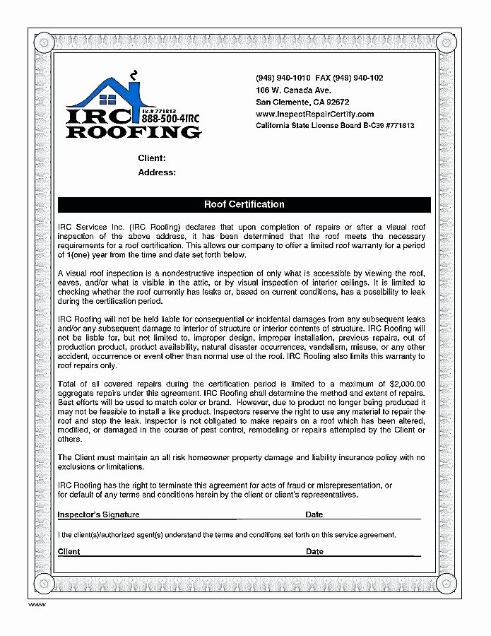 Roofing Certificate Of Completion Template Best Free Roof Certification Form