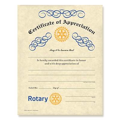 Rotary Certificate Of Appreciation Club Supplies Russell Custom