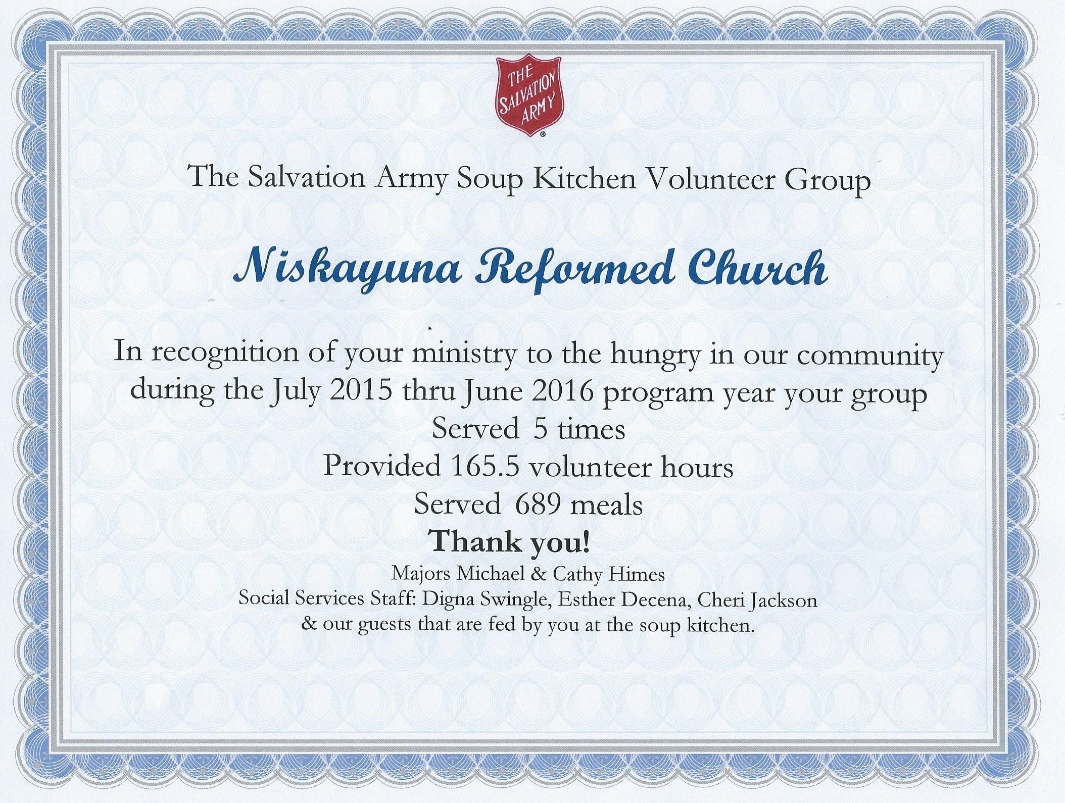 Salvation Army Certificate Niskayuna Reformed Church