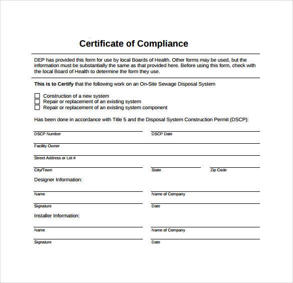 Sample Certificate Of Compliance 12 Documents In PDF Conformity Template