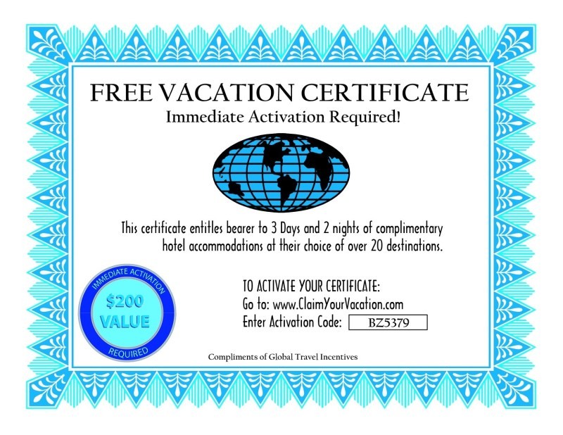 Sample Gift Certificate For Hotel Accommodation Dealssite Co Vacation Template Free