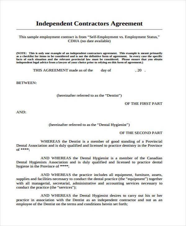 Self Employed Contractor Agreement Template Contract Canada