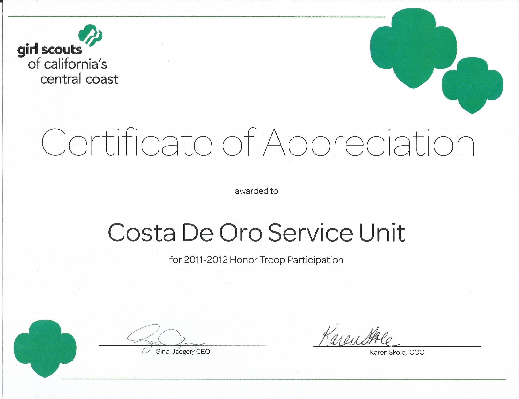 Service Unit Certificates Awards Costa De Oro Su Girl Scout Certificate Of Appreciation