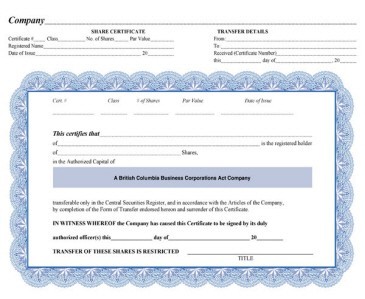 Share Certificates For British Columbia Free Certificate Template