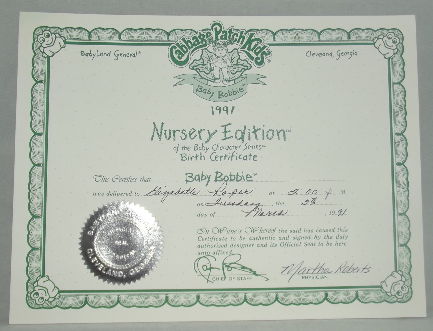 Signed 1991 Nursery Edition Baby Bobbie Cabbage Patch Doll W Both Kid Birth Certificate