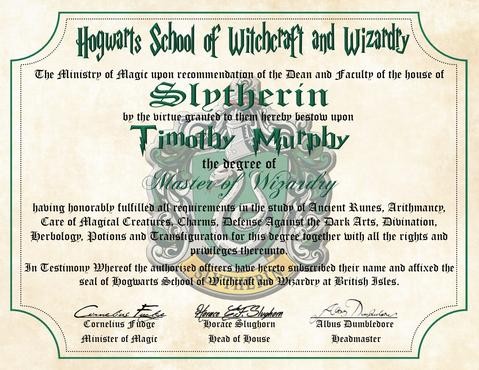 Slytherin House Personalized Harry Potter Diploma Hogwarts School