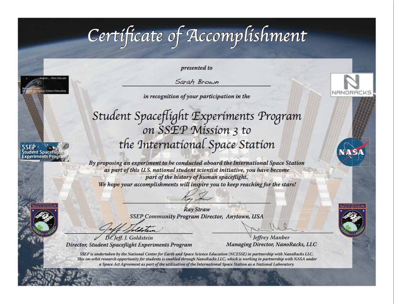 SSEP Mission 3 To ISS Student Certificates Of Accomplishment Stem Certificate Template