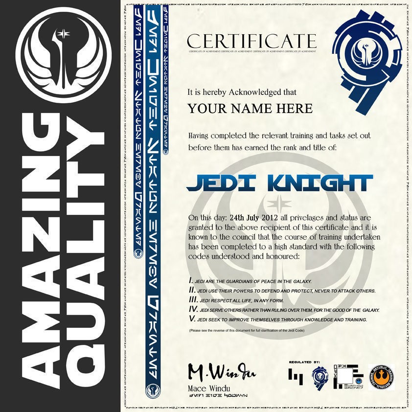 Star Wars JEDI KNIGHT Certificate Ubeliveable Quality With HOLOGRAM