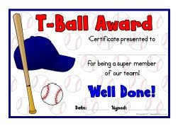 T Ball Award Certificates Take Me Out To The Game Baseball For