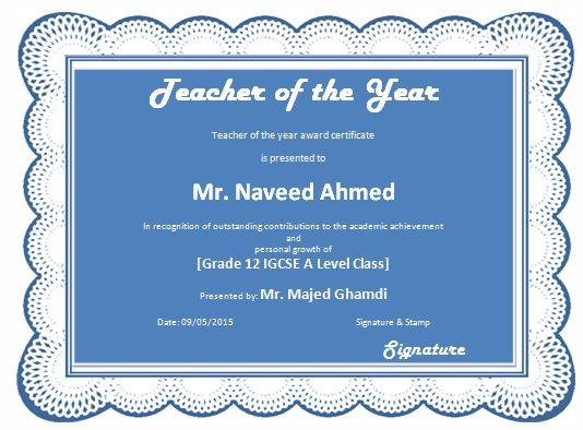 Teacher Of The Year Award Certificate Template Formal Word