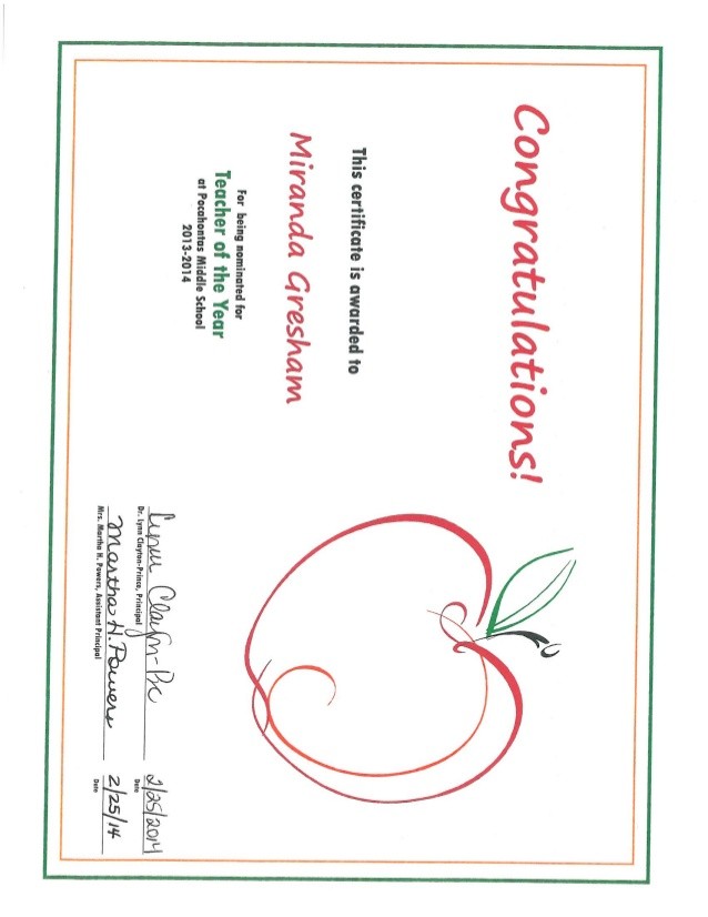 Teacher Of The Year Nominee Certificate