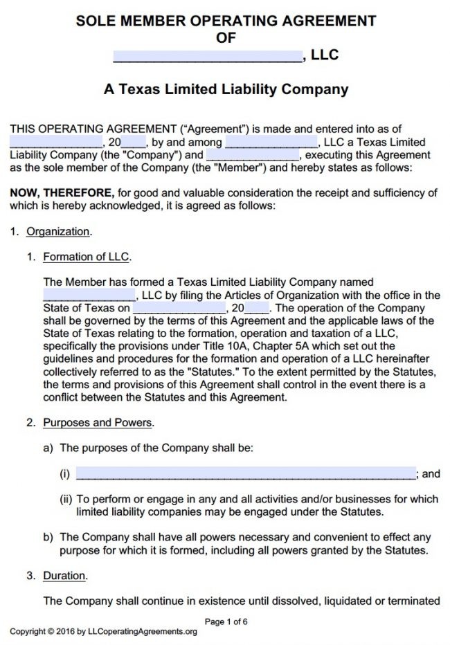Texas Single Member LLC Operating Agreement Template Llc