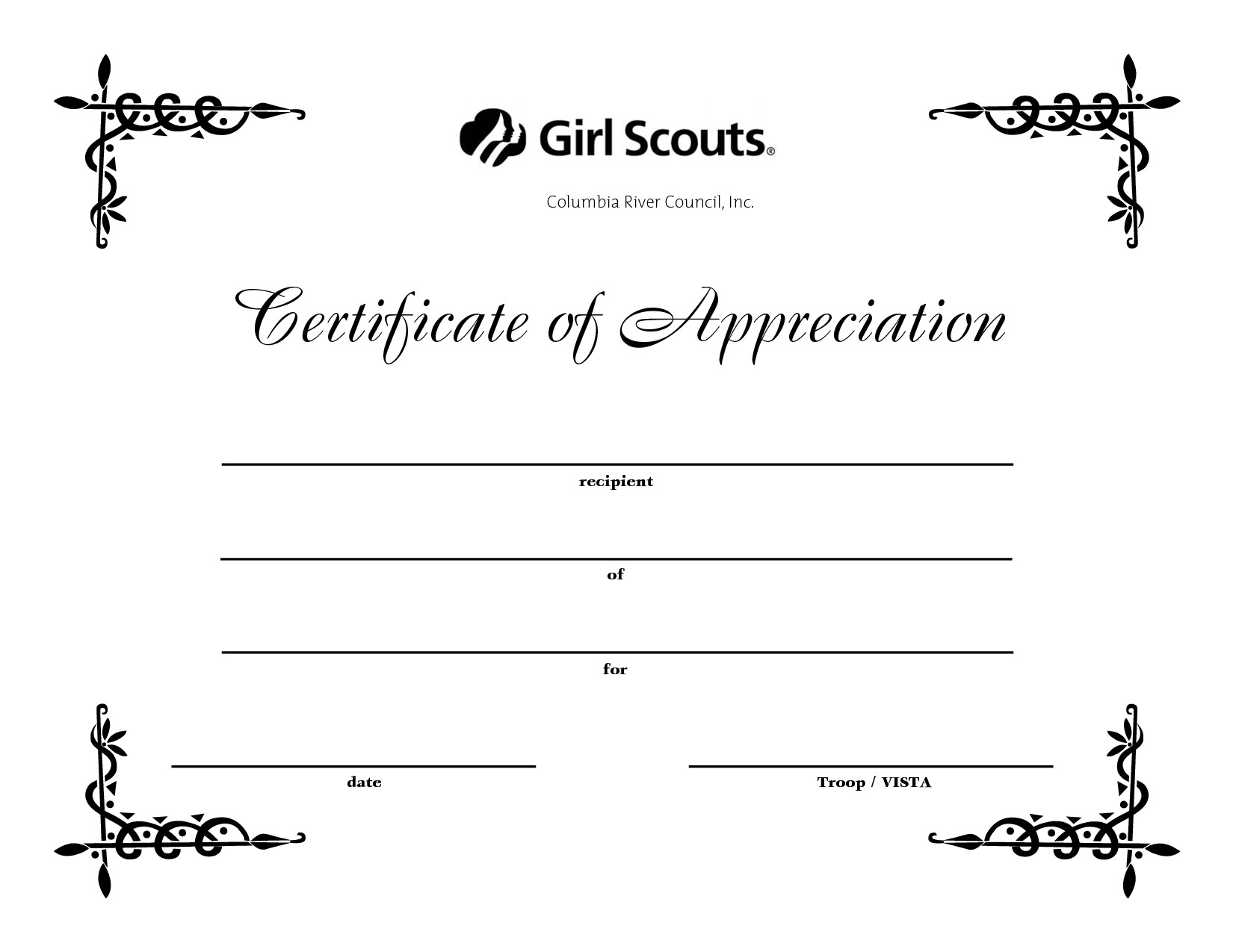 Thank You Certificates Of Appreciation Coloring Pages Free Girl Scout Certificate
