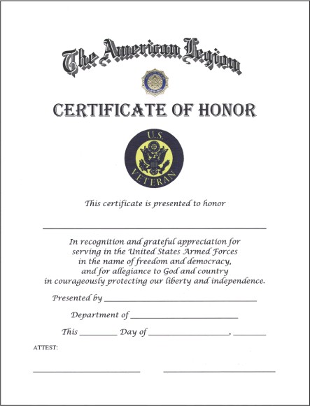 Veteran Certificate Of Honor American Legion Flag Emblem Veterans Day Certificates