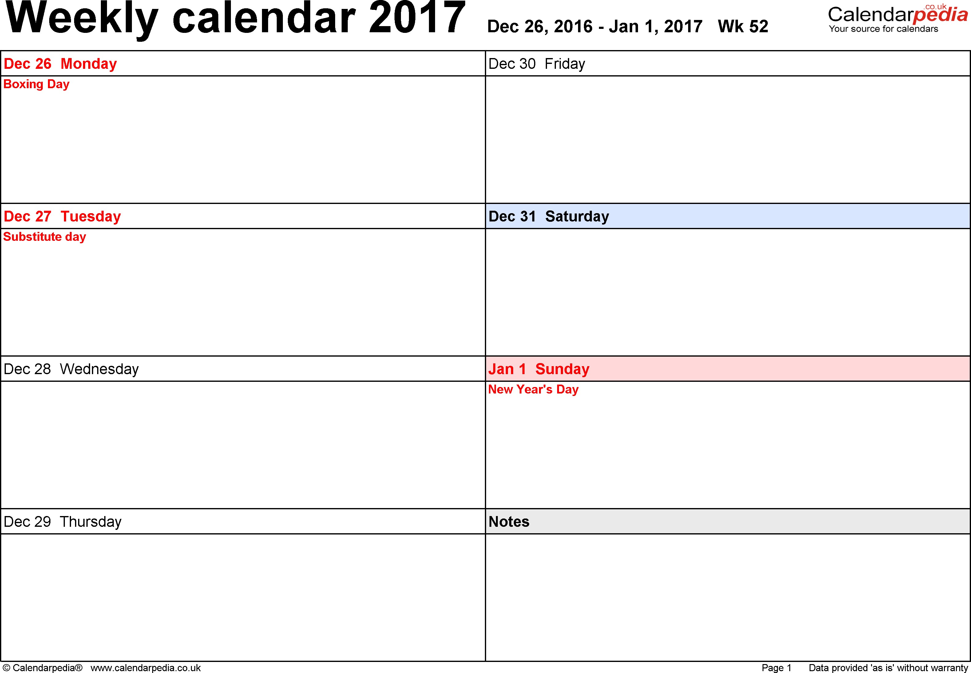 Weekly Calendar 2017 UK Free Printable Templates For Word Download