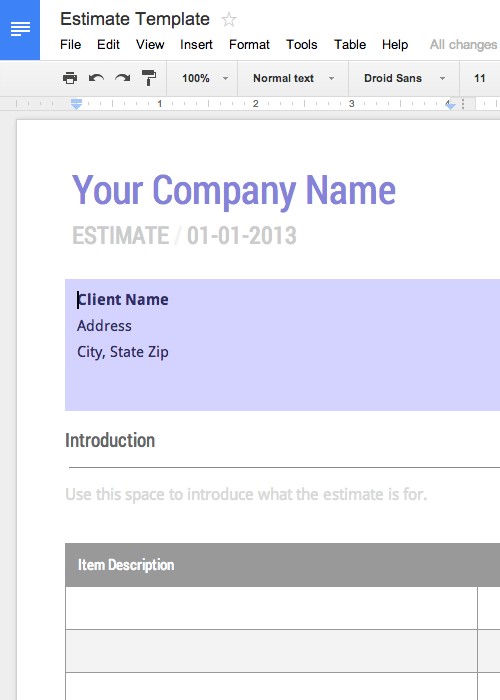 Work Estimate Template Free For Google Docs Price Quote