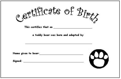 Your Teddy S Certificate Of Birth Davi Build A Bear Party Template